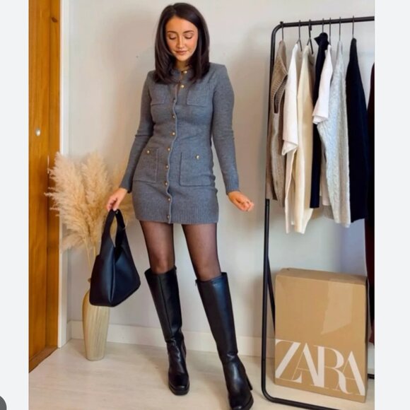 ZARA WOMAN GRAY KNIT POCKET MINI DRESS Gold buttons Long sleeves 3920/031 S NWT - Picture 7 of 13